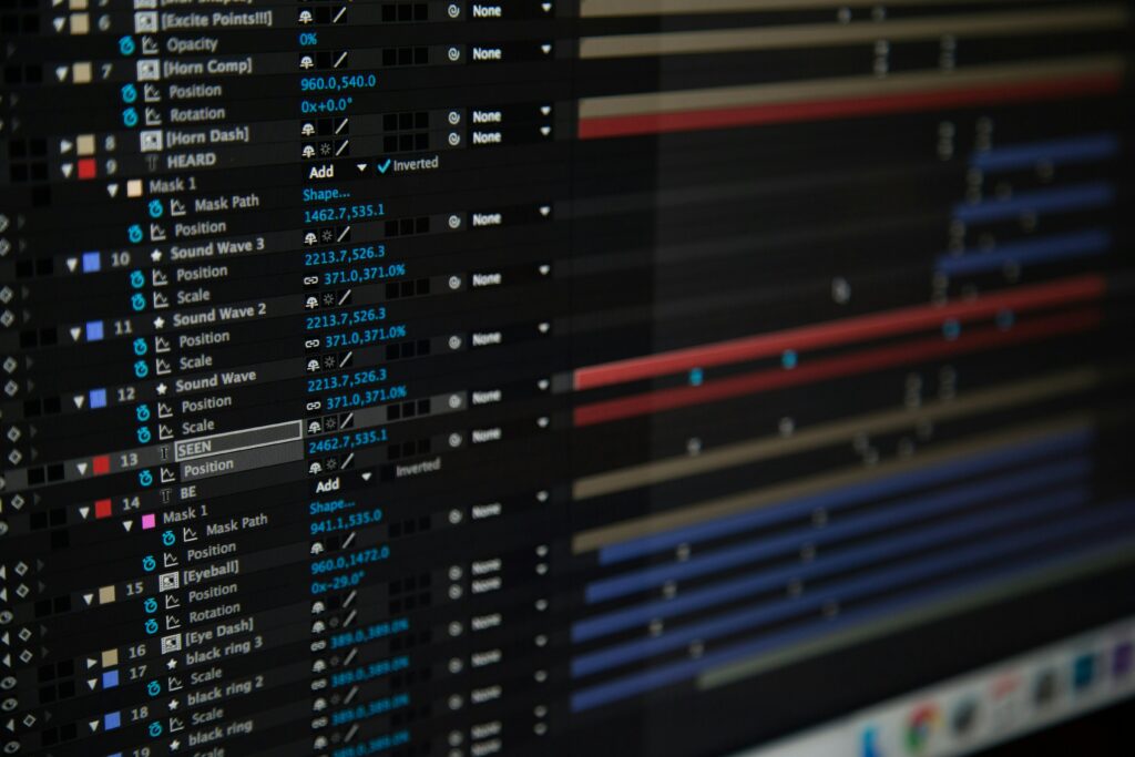 Timeline de montage et d'animation sur Adobe After Effects illustrant un projet de motion design et de production audiovisuelle.